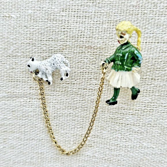 Double Brooch Vintage Blonde Girl Walking Lamb Pet Enamel Gold Tone Jewelry Pin - Picture 2 of 8